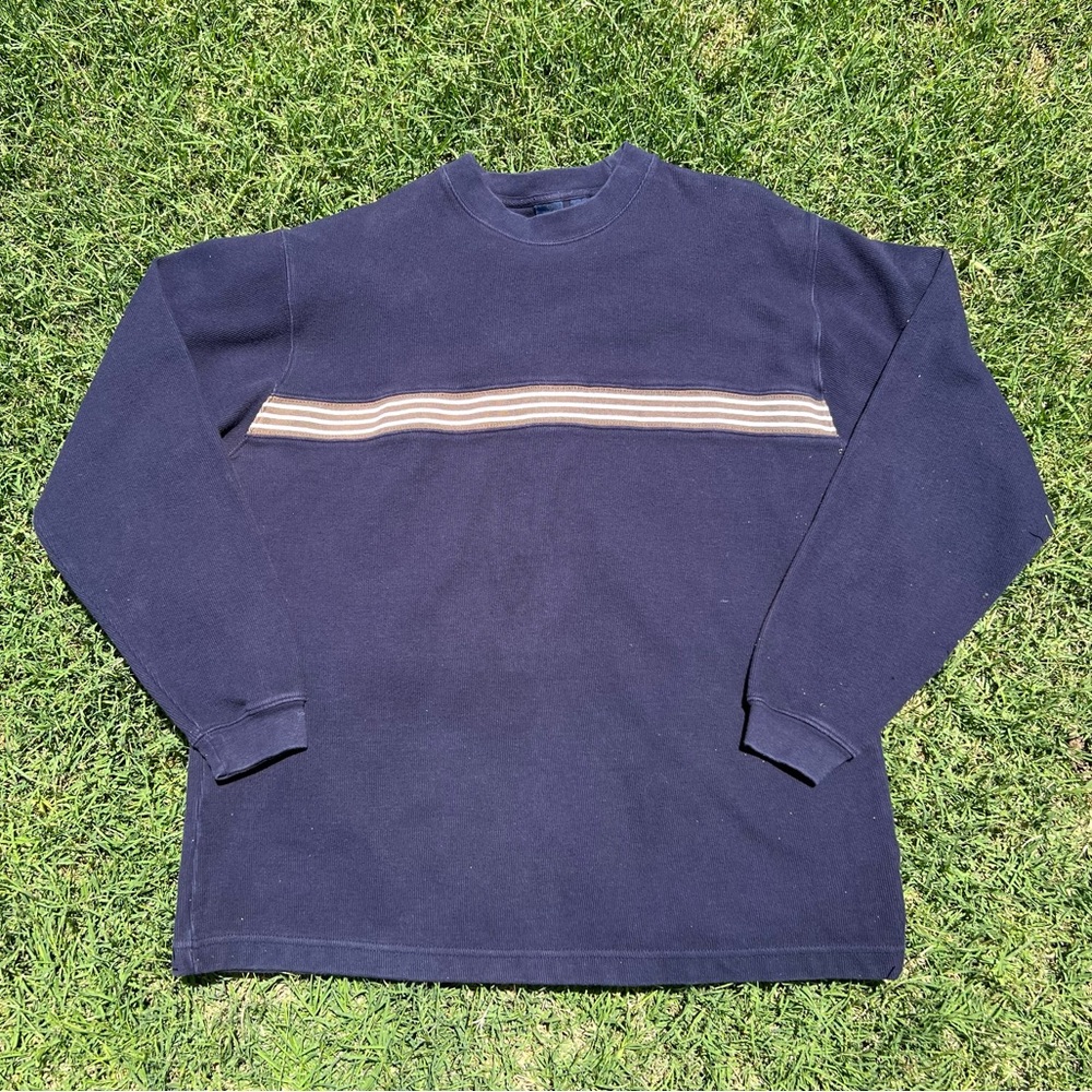 Cherokee Blue and Khaki Crewneck Sweater Pullover Classic Striped Design